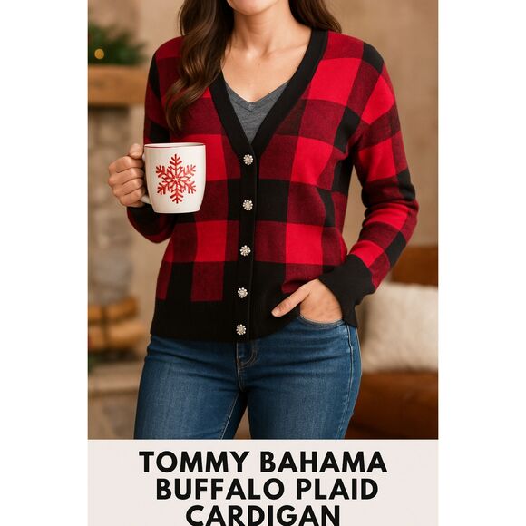 Tommy Bahama Women’s Buffalo Plaid Cardigan Sweater Medium Jeweled Buttons - Picture 1 of 10